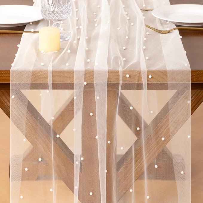 Pearl Table Runner Summer Tulle Gauze Sheer Wedding Party Home Decor | Ivory - Image 2