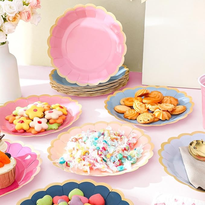 48 Pcs Pink Navy Blue Paper Plates 9 Inch Gradient Scalloped Paper Plates Disposable Dinner Dessert for Birthday Wedding Bridal Party Supplies, 6 Colors