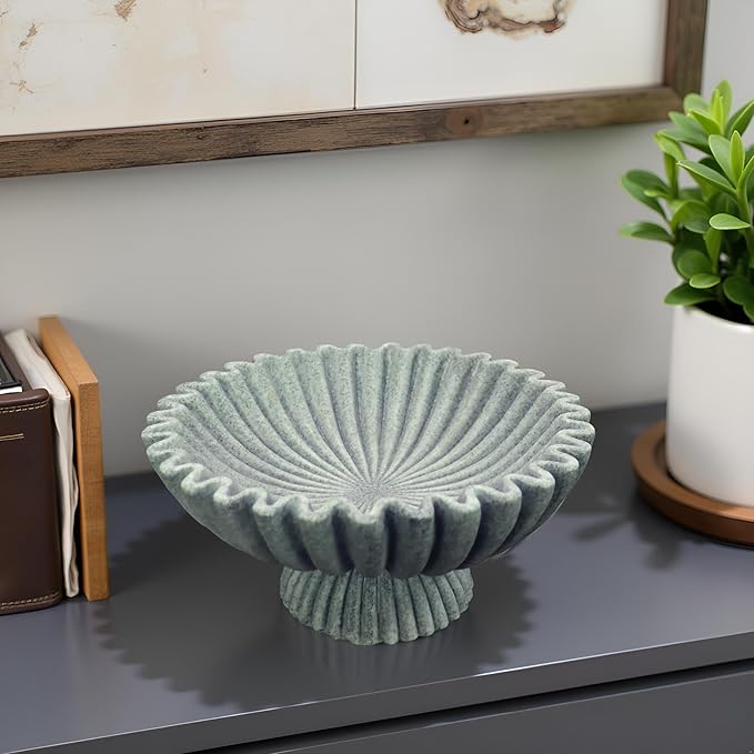 10" Large Decorative Bowl decor, Scalloped Bowls for Modern Home Decor,Ruffle Decor,Stylish Key Bowl for Entry Table,Decorative Fruit Bowl for Kitchen Counter,With base,Artificial Stone Marble Color