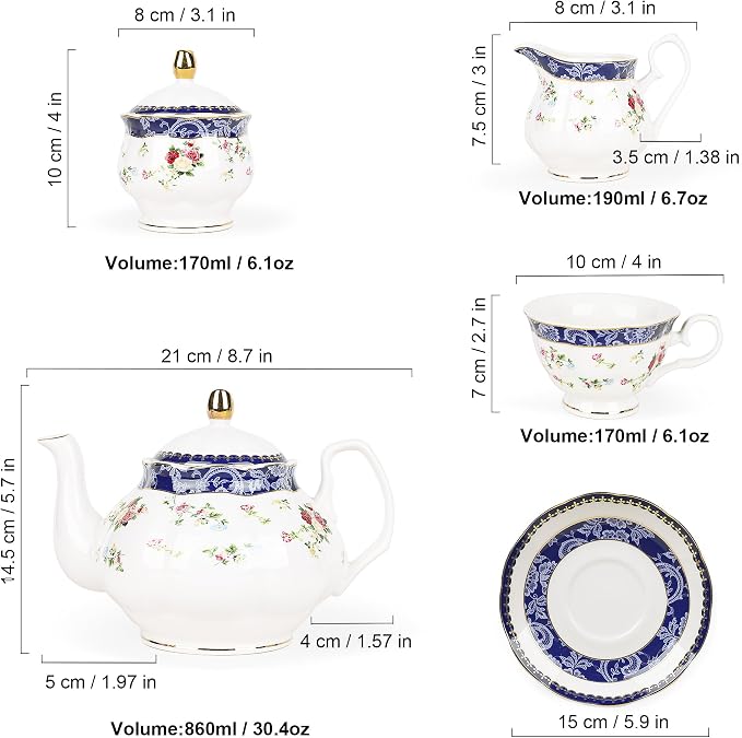 fanquare Bone China Tea Sets for Adults, 21-Piece Blue Lace and Roses Porcelain - Image 6