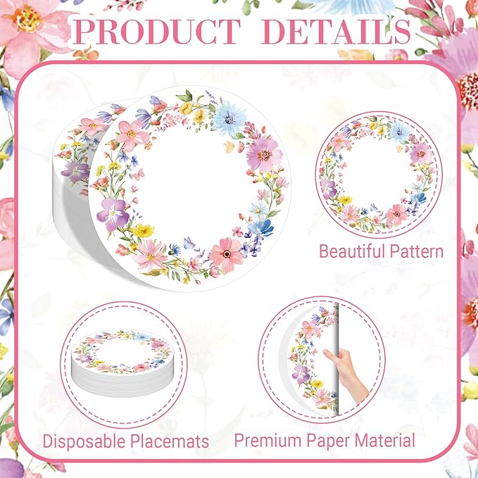 50PCS Floral Placemats Vibrant Watercolor Wildflower Disposable Paper Placemats Round Table Mats for Summer Parties, Weddings & Brunch