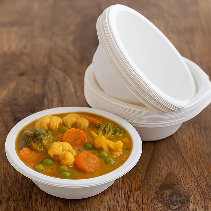 12 oz. Compostable Paper Bowls [100-Pack] - Eco-Conscious Disposable Soup Bowls Made of Sugarcane Fiber Bagasse, Microwave, Refrigerator-Safe - Heavy Duty Paper Plates for Dinner