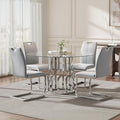 47.2" Round Glass Dining Table Set for 4, Modern 5 Piece Kitchen Table Set with Silver Stainless Steel Base & 4 PU Leather Accent Chairs, Saving Space, Dining Set for Apartment, Home - Grey Chair