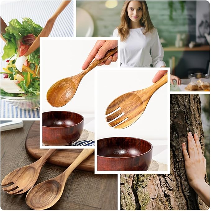 13-Inch Teak Wood Salad Spoon and Fork, Large Wooden Salad Serving Spoon and - Image 4