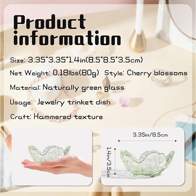 Green Glass Ring Holder Dish, Cherry Blossom Decor Jewelry Trinket Tray, Rings Earrings Keys Storage Organizer Bowl