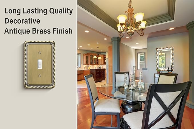 Henne Bery Rope Edge Decorative Wall Plate Switch Plate Outlet Cover (Single Toggle, 3 Pack, Antique Brass)