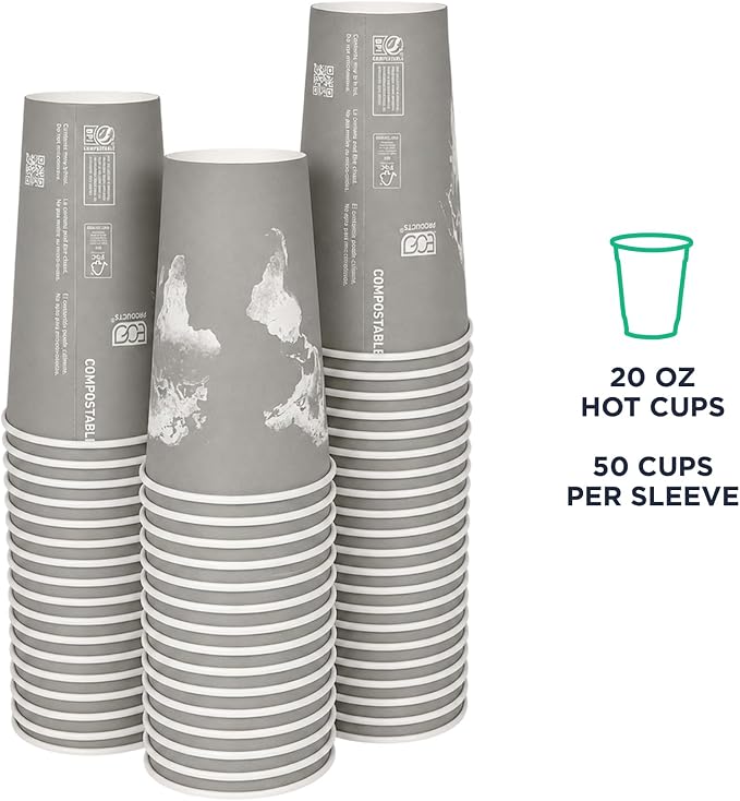 ECO PRODUCTS Compostable Disposable World Art 20oz Large Coffee Cups, Renewable - Image 2