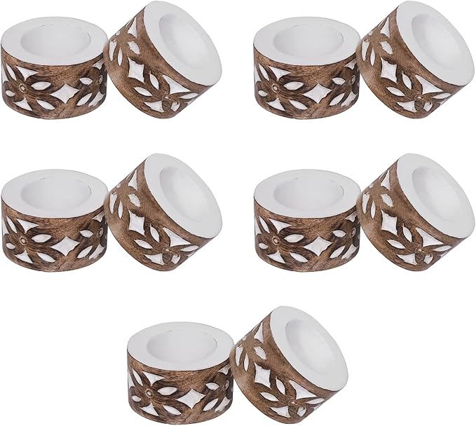 DEVLA Mango Wood Napkin Rings Set, Hand Carved & Hand Painted White Washed, 10 Pieces, Round Table Decor