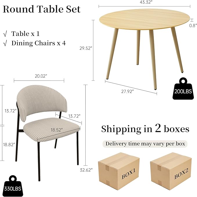43.3 Inch Round Dining Table Set for 4, Modern Small Kitchen Coffee Set for Dining Room Kitchen Apartment (Cream Table + 4 Grey Shell Chairs)