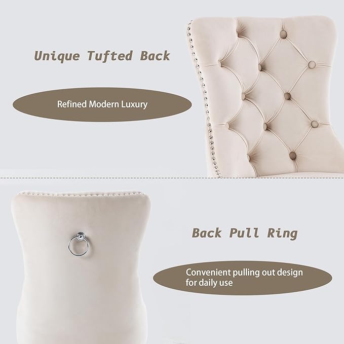 KCC Velvet Dining Chairs Set of 4, Upholstered High-end Tufted Dining Room Chair with Nailhead Back Ring Pull Trim Stainless Steel Legs, Contemporary Nikki Collection Modern Style for Kitchen, Beige
