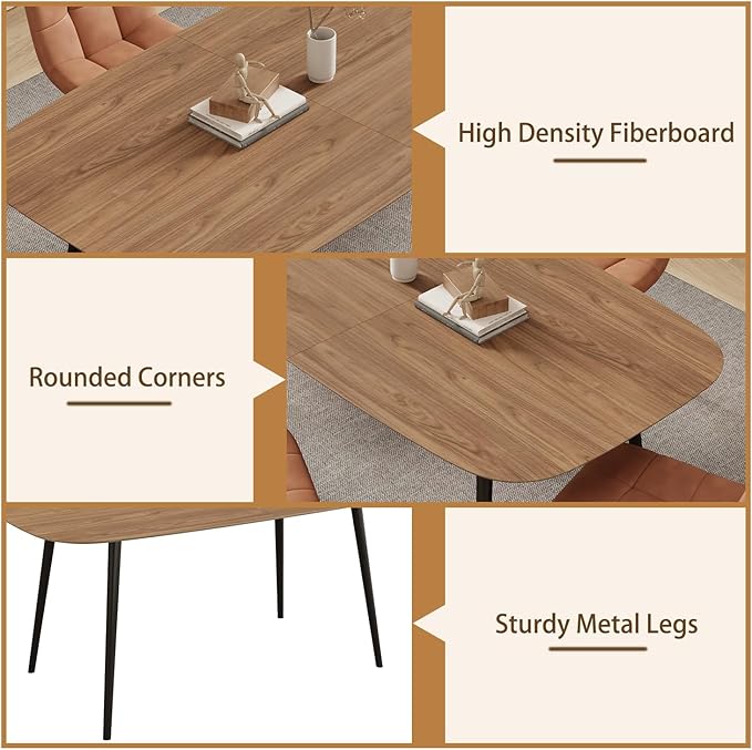 55.1' Kitchen Table,Kitchen & Dining Room Tables, Dinner Table for 4-6,MDF Wood Dining Table with Metal Legs for Living Room & Dining Room (Walnut Color Table, 55.1")