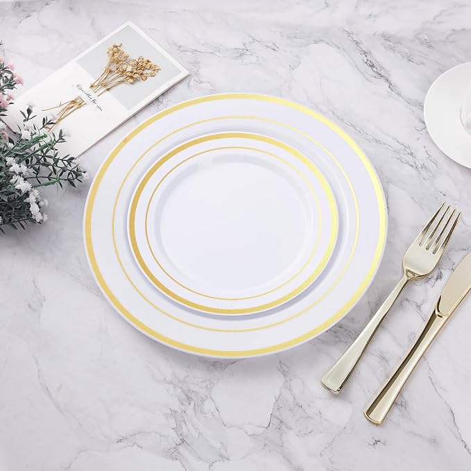 BESTVIP 50Pcs Gold Plastic Plates, 10.25 Inch Disposable Party Plates | Heavy - Image 5