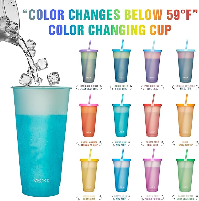 Meoky 12Pack Plastic Cups with Lids and Straws 24oz Reusable Color Changing Cups for Adult Kids Cold Coffee Drinking Tumblers Summer Party Cups