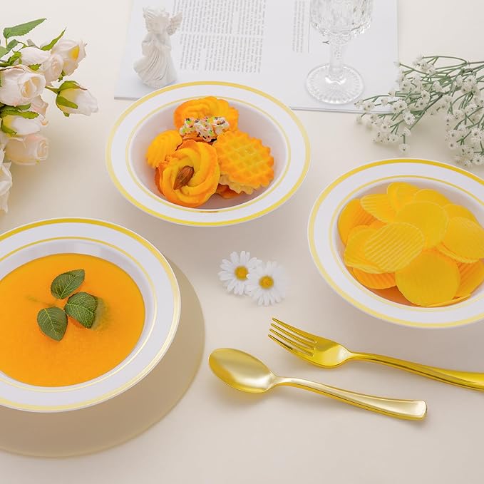 100pc Disposable Soup Bowls with Gold Rim,12oz Disposable Soup Bowls,Disposable Soup Dessert Salad Bowls for Wedding/Party/Catered Events