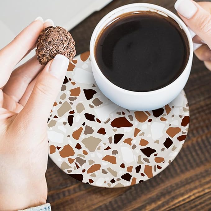 Terrazzo Ceramic Coasters with Holder Set of 6, Colorful Modern Art Absorbent Drink Cup Mat for Coffee Table Protection, 4 Inches Minimalist Artistic Home Kitchen Decor Housewarming Gifts