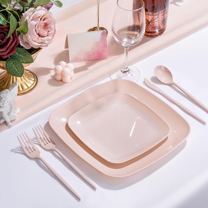 PULOTE 60PCS Pink Square Plastic Plates Disposable - Premium Quality Pink Set Include 30 Dinner / 30 Dessert Plates for Party, Wedding & Valentines Day
