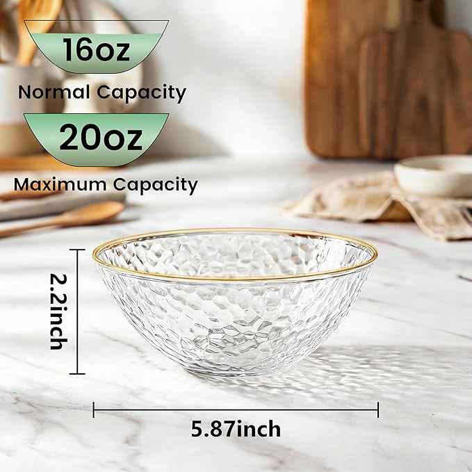 Tinybee 30 Pack Clear Plastic Bowls - Clear Disposable Bowls for Party with Gold Rim, 16-20oz Premium Hammered Bowls Disposable Heavy Duty, Plastic Salad Bowls for Milk Cereals, Snacks, Salads