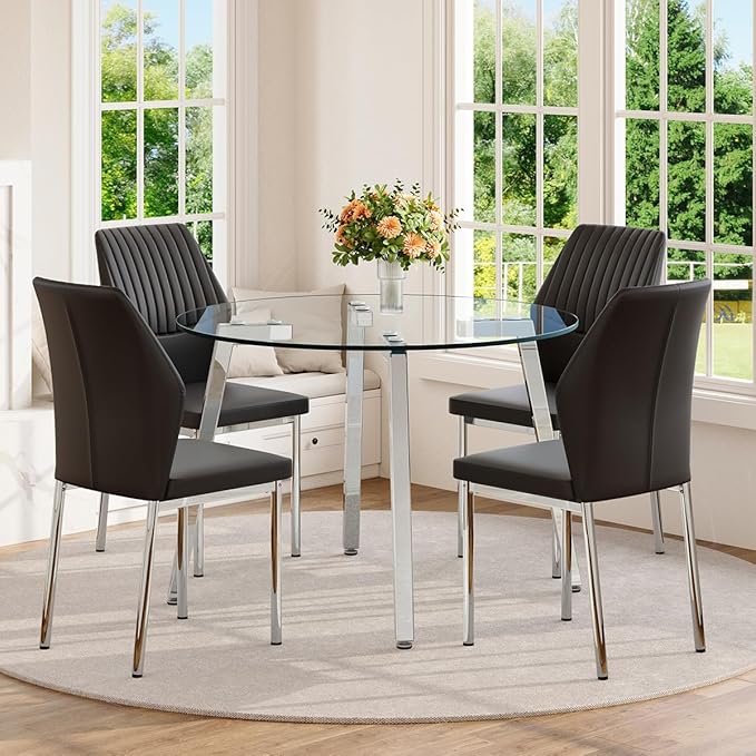42" Round Glass Dining Table Set for 4,Modern Breakfast Table Set for 4 with Silver Chrome Legs,Space Saving Kitchen Table and Black Chairs for Apartment,Easy Assembly