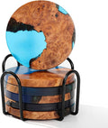 Wooden Beverage Coaster Set of 6 with Holder - Handmade Resin Wood Coasters, Drink Coaster Set for Coffee Tables, Home Bar Decorations, Round Blue Wood Coaster Set
