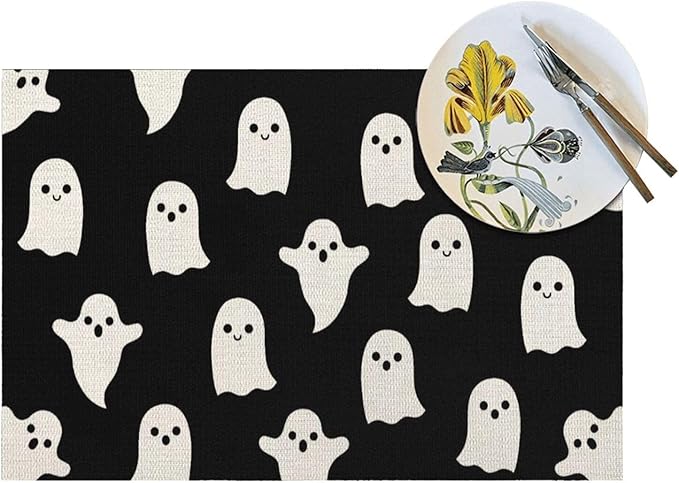 Halloween Placemats 12x18 Inches Set of 4,Black Beige Ghost Decorative Rectangle Autumn Halloween Decoration Black Ghost Table Mats for Party,Home Kitchen,Dining Table Decor