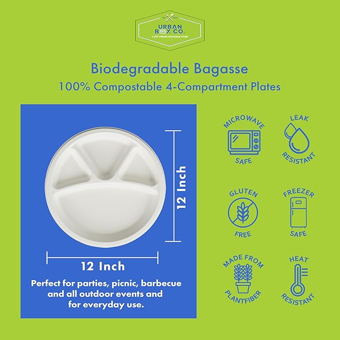 Urban Box Co. 12-Inch 4-Compartment Compostable Plates, Heavy-Duty Eco-Friendly Sugarcane Fiber, Biodegradable & PFAS-Free, BPI-Certified, Compostable Dinner Plates, 400 Pack