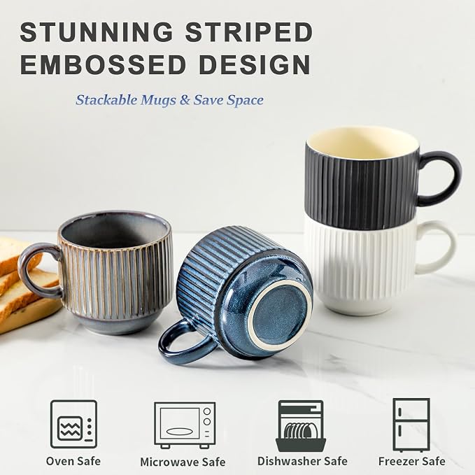 Hasense Coffee Mug Set of 4 - 15 oz Stackable Large Ceramic Ribbed Latte Cup Set - Image 4
