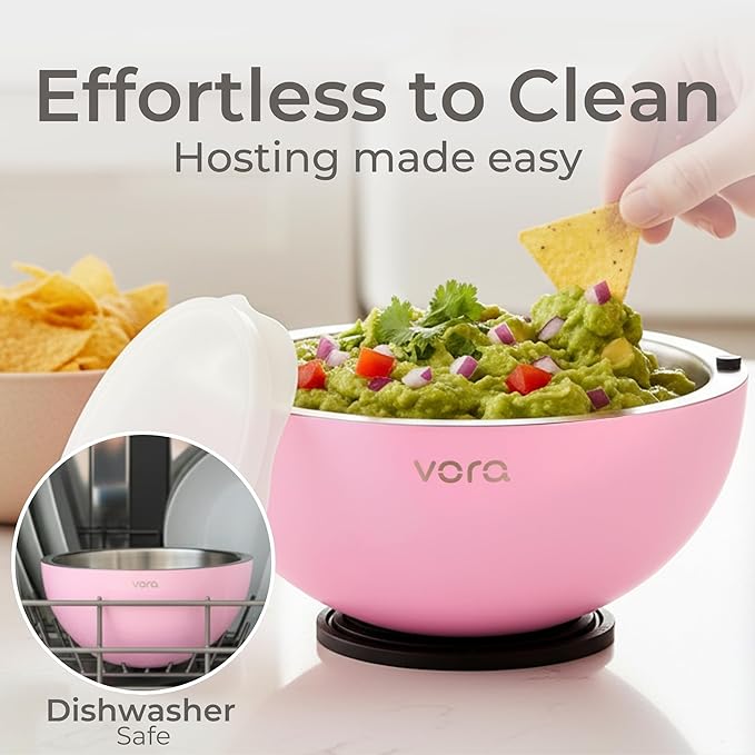 Vora 35oz Dip Chiller Bowl with Lid | 1 Pack Pink Stainless Steel Chilled Serving Bowl Keep Dips, Salads, and Appetizers Perfectly Cold with Leak-Resistant Ice Bowl for Effortless Hosting