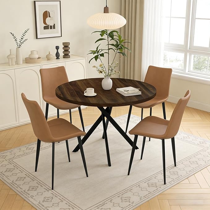44" Round Dining Table with Chair Set for 4, Modern Mid-Century Dining Table Set of 4, Cozy Dinette Sets with Metal Leg for Kitchen Dining Room Apartment(Walnut Table + Brown Chairs)