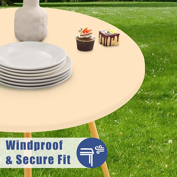 Round Spandex Tablecloth, Elastic Fitted Waterproof Tablecloths for 57"-68" Tables, Stretch Washable Picnic Table Cover for Camping, Dining, Indoor and Outdoor,Ivory