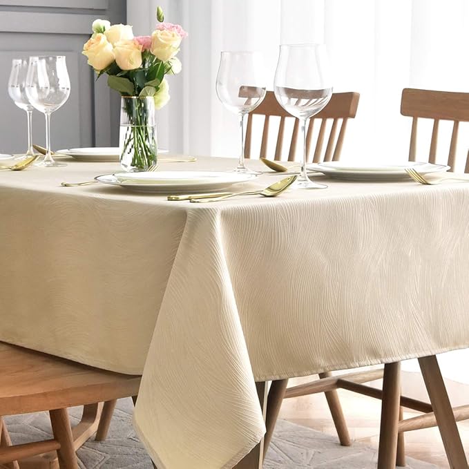 maxmill Jacquard Tablecloth Swirl Design Spillproof Wrinkle Free Heavy Weight Soft Table Cloth Decorative Fabric Table Cover for Outdoor and Indoor Use Oblong 60 x 120 Inch Beige