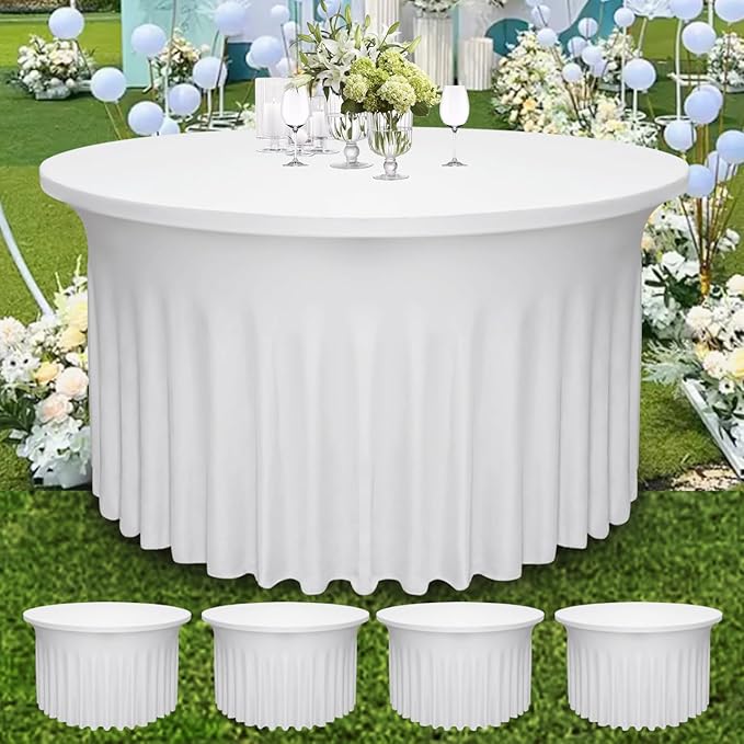 4 Pack - White Round Table Skirt (60" Diameter x 30" H) for 5ft Tables | Polyester Spandex Washable Cover | Wrinkle & Stain Resistant | Wedding, Party, Banquet Decor