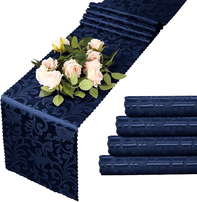 MILVOWOC 4 Pack Navy Blue Damask Table Runner, 12 x 72 Inch | Satin Jacquard by MILVOWOC