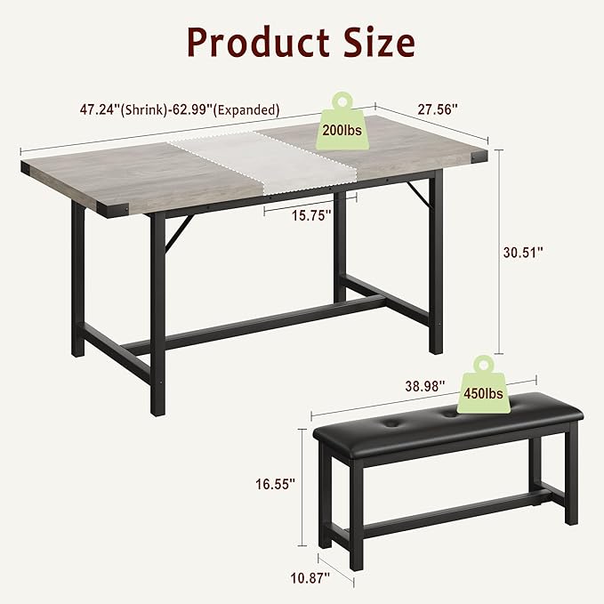 IDEALHOUSE 3-Piece Dining Table Set for 4-6 People, 63" Large Extendable Kitchen Table Set w 2 Soft Benches, Easy Assembly, Space Saving for Apartment, Small Space, Gray