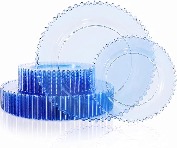 U-QE 60PCS Clear Blue Plastic Plates, Beaded Plates Disposable Heavy Duty | by U-QE