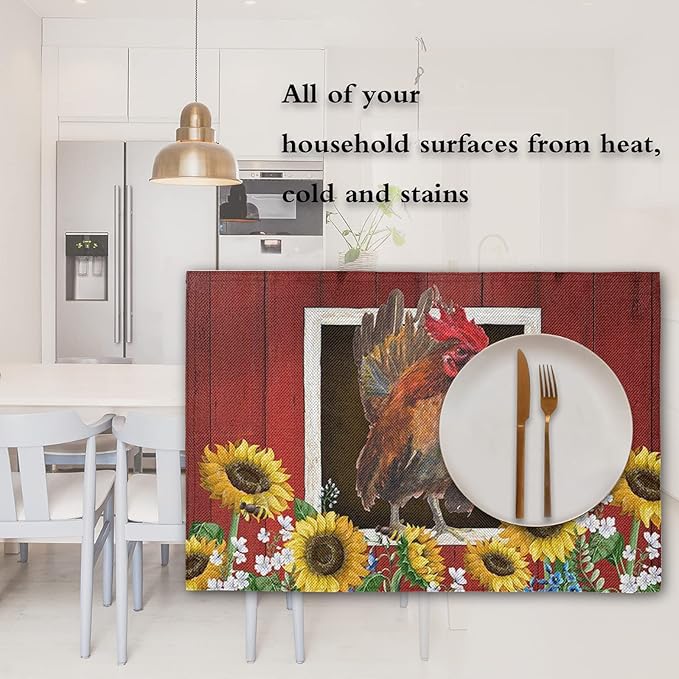 Watercolor Red Barn Cock Placemat Set of 4, Rooster Sunflowers Heart Heat-Resistant Washable Table Place Mats for Kitchen Dining Table Decoration
