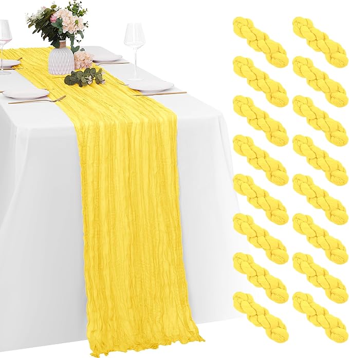 16 Pack Lemon Yellow Cheesecloth Table Runners 20x120 Inch Gauze Table Runner by Yorcari