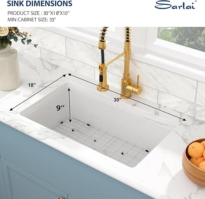 Sarlai 30 Inch White Undermount Sink Fireclay 30x18 Inch White Kitchen Sink Dual Drop in & Undermount Kitchen Sinks Single Bowl Deep Porcelain Ceramic Basin