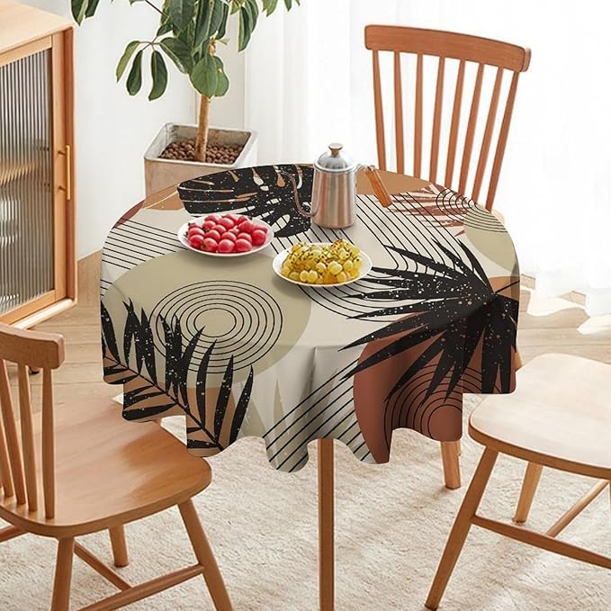 Boho Medieval Abstract Leaves Round Tablecloth, Mid Century Modern Bohemian Style Print Tablecloth for Home Party Dining Room Kitchen Decor 50Inch(127cm)