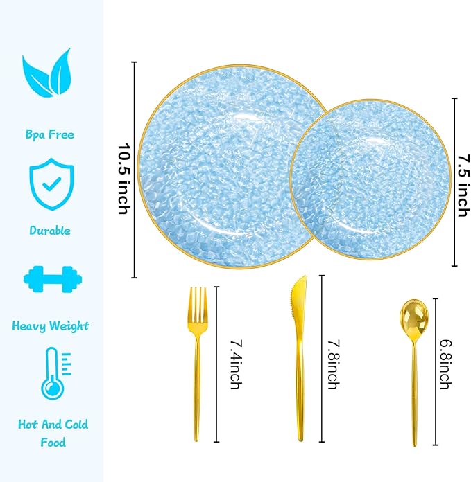 Rubtlamp 150Pcs Blue Plastic Plates, Gold Plastic Dinnerware Set For 30 Guest, Hammered Heavy Duty Plates with Gold Rim Include 30Dinner Platos, 30Salad Platos,90 Cutlery
