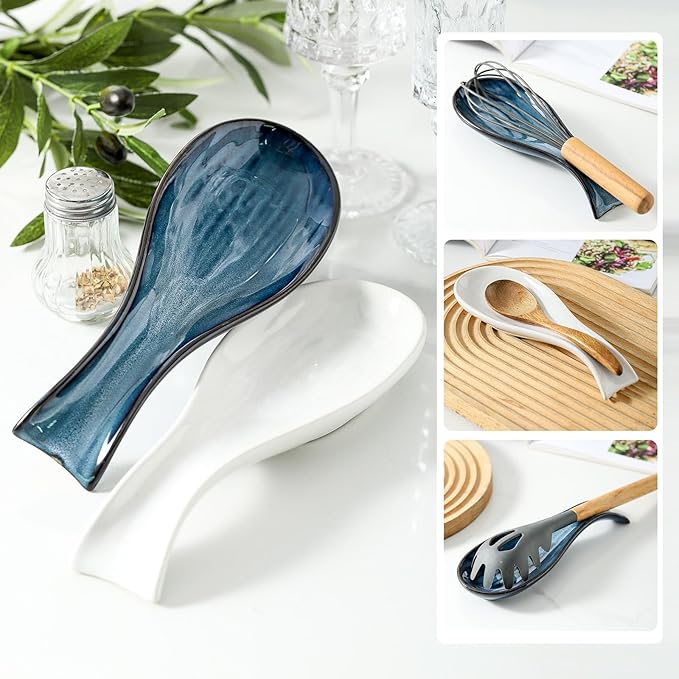 Ceramic Spoon Rest for Stove Top,Large 8.7 Inch Spoon Holder for Kitchen Counter,Porcelain Utensil Rest for Thankgiving and Christmas Gift,Dishwasher Safe and Heat-Resistant,Blue(1 PC)