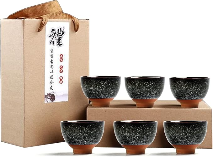 Dark Brown Ceramic Kung Fu Tea Set of 6, Japanese & Chinese Tea Cups, Sake Cup by Puoyikt