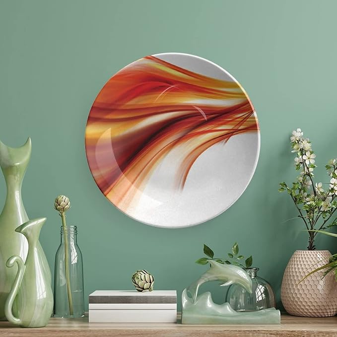 Ceramic Display Plate, Abstract Ceramic Hanging Decorative Plate, Modern Smooth Lines Blurred Smock Art, 6 Inch, Household Custom Ceramic Plate, Orange Red