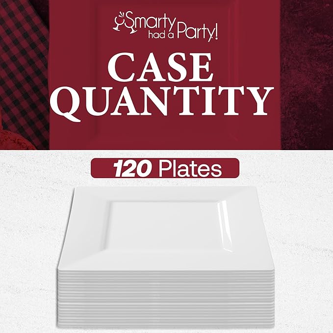 Smarty Had A Party 120 Elegant Disposable Plastic Dinnerware, 9.5" Fancy Square White Plates for Parties and Events, Heavy Duty