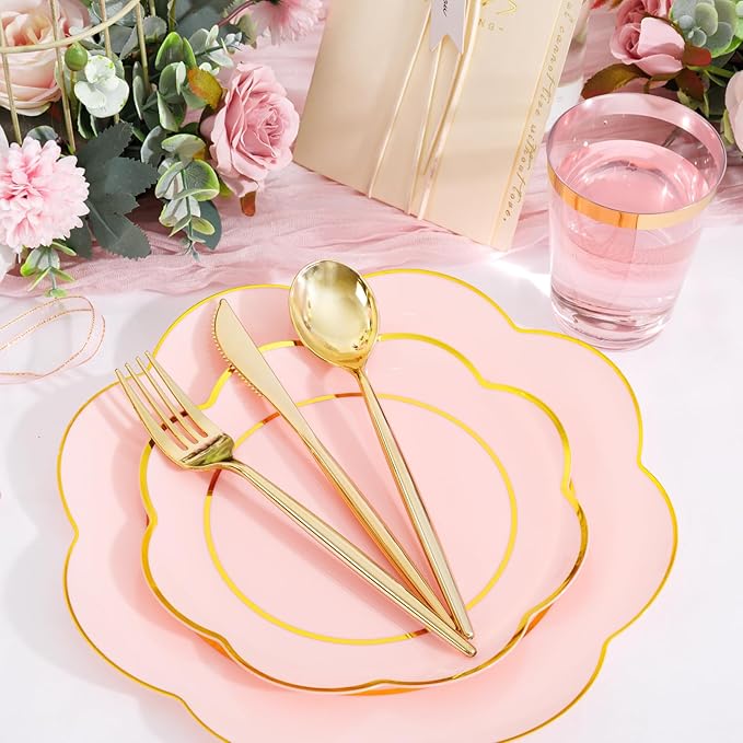 EI 180pcs Pink Plastic Plates with Gold Plastic Silverware,Heavy-Duty Disposable Plates for Party,White Dinnerware Set for 30 Guest Wedding,Birthday,Valentine's Day