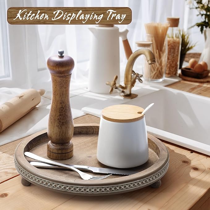 Handmade 12 Inch Decorative Tray, Small Beaded Tray Coffee Table Decor, Warm Brown Round Wooden Tray for Coffee Table, Dining Room Table Entryway and Living Room Table