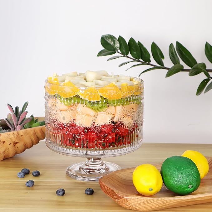 MDLUU Glass Trifle Bowl with Pedestal, 3.43qt Footed Dessert Stand, Vintage Centerpiece Bowl for Layered Cakes, Fruits, Salad (Sunflower Pattern)