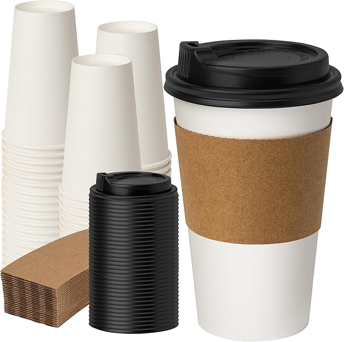 RACETOP 16 oz 50 Pack Disposable Paper Coffee Cups with Lids and Sleeves, White Disposable Paper Cups, To Go Hot Cups for Coffee Hot Liquid, Ideal for Cafes, Bistros
