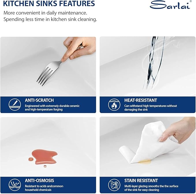 Sarlai White Farmhouse Sink - 33 Inch Farm Kitchen Sink Undermount Workstation Apron Front Reversible Ceramic Fireclay Single Bowl Farmer Sinks Basin 33 x 20 Inch With Gold Accessories