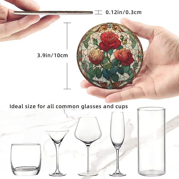 Rose Coasters for Drinks with Holder Round Leather Coasters Set of 6 Cups Mugs Mat Pad for Home Kitchen Bar