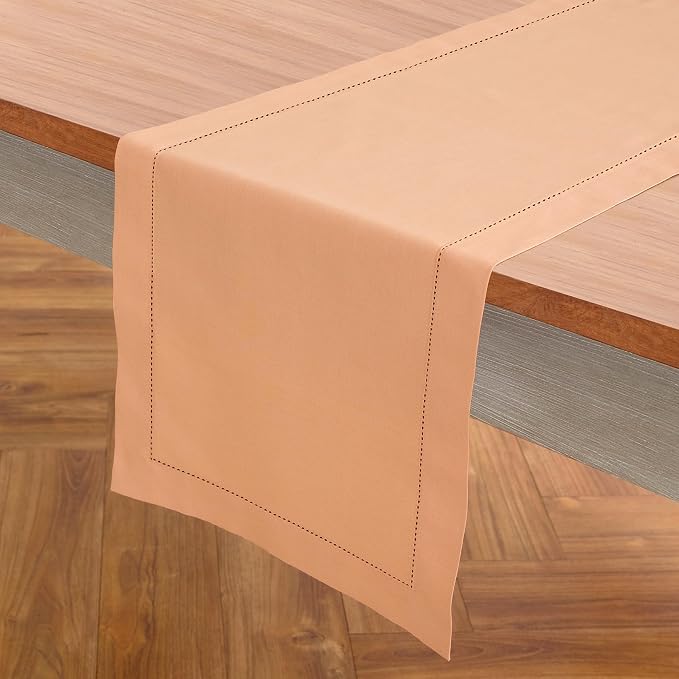 Solino Home Cotton Linen Dining Table Runner Peach Hemstitch, 14 x 108 in | - Image 2